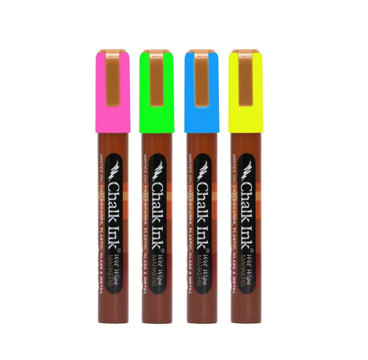 Chalk Ink® Chisel Tip Wet Wipe Marker: Fluorescent (6 mm) 4 Pack